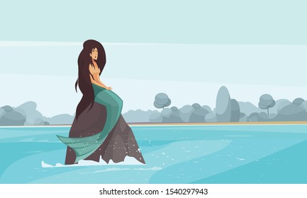 Sailors mythology popular sea nymphs flat composition with mermaid sitting on rock surrounded by water vector illustration 