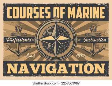 Sailors school vintage poster colorful with rose compass and anchors titled courses of marine navigation vector illustration