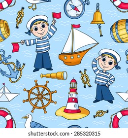 Sailors seamless pattern. Cute vector cartoon background.