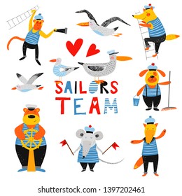 Sailors team. Nautical hand drawn vector illustration for kids. Cute funny animals sailors. Cartoon flat marine background. Pencil texture. Childish drawing. Summer bright card.