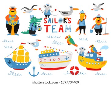 Sailors team. Nautical hand drawn vector illustration for kids. Cute ships, boats and funny animals sailors. Cartoon flat marine background. Pencil texture. Childish drawing. Summer bright card.