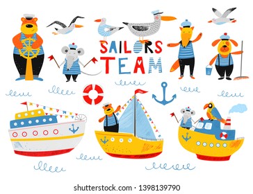 Sailors team. Nautical hand drawn vector illustration for kids. Cute ships, boats and funny animals sailors. Cartoon flat marine background. Pencil texture. Childish drawing. Summer bright card.