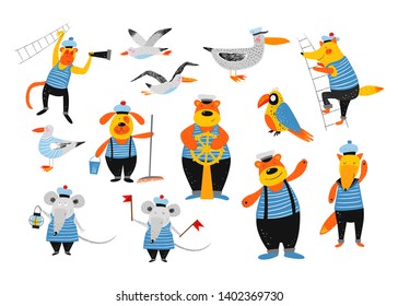 Sailors team. Nautical hand drawn vector illustration for kids. Cute funny animals sailors. Cartoon flat marine background. Pencil texture. Childish drawing. Set of sea birds and animals in vests.