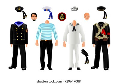 Sailors uniform set, isolated on white, vector illustration