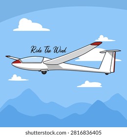 Sailplane glider flying over mountains vector illustration. A white sailplane soaring gracefully above mountain peaks under a clear blue sky. National Ride The Wind Day, August 23rd.