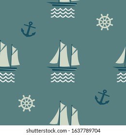 Sails, Anchors, Sail Wheels And Waves. Marine Seamless pattern with tosca background. Decorative cute wallpaper, good for printing. Background vector. Pattern for wrapping paper and fashion prints.