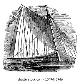 Sails is any type of surface intended to generate thrust by being placed in a wind, vintage line drawing or engraving illustration.