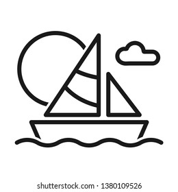 Sails on the sea with the sun as a background. Holiday or vacation concept. Stroke outline style. Vector. Isolate on white background.
