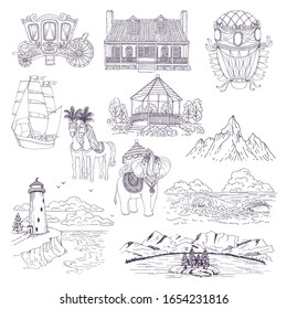 Sailship, gazebo, mansion, air balloon, fancy horses, elephant, mountains, carriage, surf waves,lake, lighthouse. Set of outline illustrations