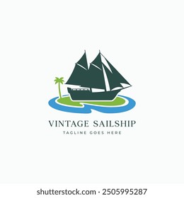 Sailship on tropical island logo design vector icon illustration