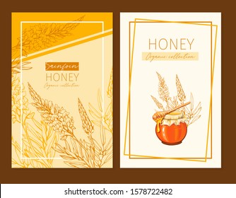 Sainfoin Honey Print Template. Yellow and Orange Banners for Thanksgiving Holiday or Packaging Brand Identity. Vector Illustration