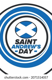 Saint Andrew's Day in Scotland. National day in Scotland. Happy holiday Andermas, celebrated annual in November 30. Scottish flag. Patriotic elements. Poster, card, banner and background. Vector