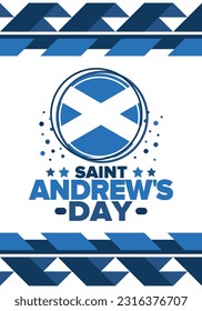 Saint Andrew's Day in Scotland. National day in Scotland. Happy holiday Andermas, celebrated annual in November 30. Scottish flag. Patriotic elements. Poster, card, banner and background. Vector