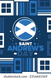 Saint Andrew's Day in Scotland. National day in Scotland. Happy holiday Andermas, celebrated annual in November 30. Scottish flag. Patriotic elements. Poster, card, banner and background. Vector