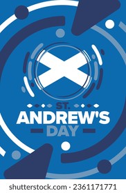 Saint Andrew's Day in Scotland. National day in Scotland. Happy holiday Andermas, celebrated annual in November 30. Scottish flag. Patriotic elements. Poster, card, banner and background. Vector