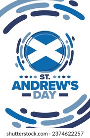 Saint Andrew's Day in Scotland. National day in Scotland. Happy holiday Andermas, celebrated annual in November 30. Scottish flag. Patriotic elements. Poster, card, banner and background. Vector