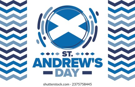 Saint Andrew's Day in Scotland. National day in Scotland. Happy holiday Andermas, celebrated annual in November 30. Scottish flag. Patriotic elements. Poster, card, banner and background. Vector
