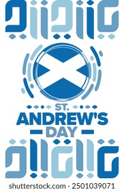 Saint Andrew's Day in Scotland. National day in Scotland. Happy holiday Andermas, celebrated annual in November 30. Scottish flag. Patriotic elements. Poster, card, banner and background. Vector