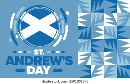 Saint Andrew's Day in Scotland. National day in Scotland. Happy holiday Andermas, celebrated annual in November 30. Scottish flag. Patriotic elements. Poster, card, banner and background. Vector