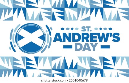 Saint Andrew's Day in Scotland. National day in Scotland. Happy holiday Andermas, celebrated annual in November 30. Scottish flag. Patriotic elements. Poster, card, banner and background. Vector