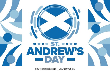 Saint Andrew's Day in Scotland. National day in Scotland. Happy holiday Andermas, celebrated annual in November 30. Scottish flag. Patriotic elements. Poster, card, banner and background. Vector