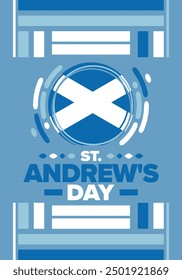 Saint Andrew's Day in Scotland. National day in Scotland. Happy holiday Andermas, celebrated annual in November 30. Scottish flag. Patriotic elements. Poster, card, banner and background. Vector