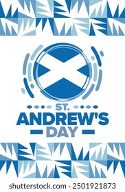 Saint Andrew's Day in Scotland. National day in Scotland. Happy holiday Andermas, celebrated annual in November 30. Scottish flag. Patriotic elements. Poster, card, banner and background. Vector