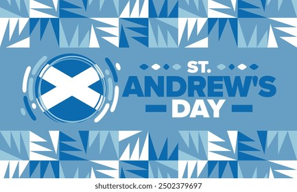 Saint Andrew's Day in Scotland. National day in Scotland. Happy holiday Andermas, celebrated annual in November 30. Scottish flag. Patriotic elements. Poster, card, banner and background. Vector