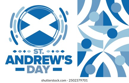 Saint Andrew's Day in Scotland. National day in Scotland. Happy holiday Andermas, celebrated annual in November 30. Scottish flag. Patriotic elements. Poster, card, banner and background. Vector