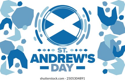 Saint Andrew's Day in Scotland. National day in Scotland. Happy holiday Andermas, celebrated annual in November 30. Scottish flag. Patriotic elements. Poster, card, banner and background. Vector