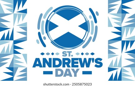 Saint Andrew's Day in Scotland. National day in Scotland. Happy holiday Andermas, celebrated annual in November 30. Scottish flag. Patriotic elements. Poster, card, banner and background. Vector