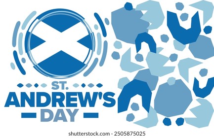 Saint Andrew's Day in Scotland. National day in Scotland. Happy holiday Andermas, celebrated annual in November 30. Scottish flag. Patriotic elements. Poster, card, banner and background. Vector