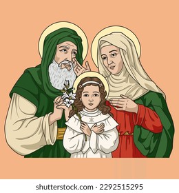 Saint Anne, Saint Joachim and the Child Virgin Mary Colored Vector Illustration