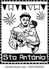 Saint Anthony with baby Jesus in his arms. Woodcut style for June festival.