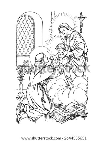 Saint Anthony of Padua and Child Jesus  with Virgin Mary Illustration Catholic religious vector clip art