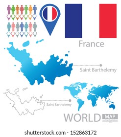 Saint Barthelemy. France. flag. World Map. vector Illustration.