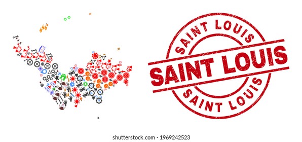 St. Barthelemy Karte mosaik und unlean Saint-Louis roten Kreis-Briefmarkenimitation. Die Stempel von Saint Louis verwenden Vektorlinien und Bögen. Das Mosaik-Mosaik Saint Barthelemy enthält Markierungen, Häuser, Duschen, Sonnen,