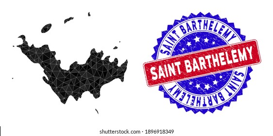 Saint Barthelemy map polygonal mesh with filled triangles, and distress bicolor stamp imitation. Triangle mosaic Saint Barthelemy map with mesh vector model, triangles have various sizes,