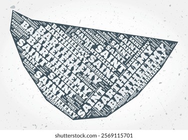 Saint Barthelemy regions word cloud in a typographic style, shaped like the country on a textured background. Artistic vector illustration.