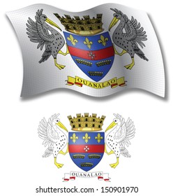 saint barthelemy shadowed textured wavy flag and coat of arms against white background, vector art illustration, image contains transparency transparency