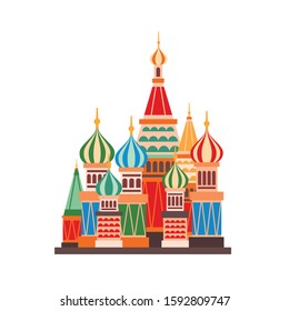 Saint Basils cathedral flat vector illustration. Prominent Moscow landmark isolated on white background. Cartoon Russian Orthodox church with multicolor domes. Famous Russian architecture building.