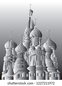 Saint Basils Cathedral of Kremlin (Moscow, Russia) isolated vector hand drawing illustration in black and white gradient colors