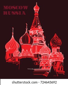 Saint Basil's Cathedral of Kremlin (Moscow) vector hand drawing illustration in red colors on black background