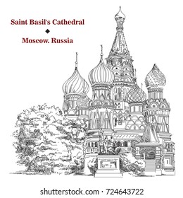 Saint Basil's Cathedral of Kremlin (Moscow) isolated vector hand drawing illustration in black color on white background