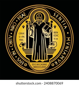 The Saint Benedict Medal front side isolated on back background.  Representing faith and protection.