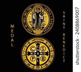 The Saint Benedict Medal isolated on back background. Front and back side of the gold medal. Representing faith and protection.