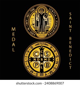 The Saint Benedict Medal isolated on back background. Front and back side of the gold medal. Representing faith and protection.