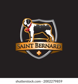 Saint Bernard Dog With Banner On Shield Background Icon Logo Design. Vector Illustration.