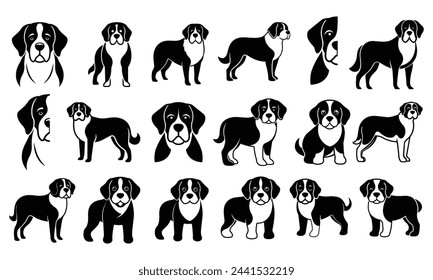 Saint Bernard dog and cute puppy silhouette vector isolated on white