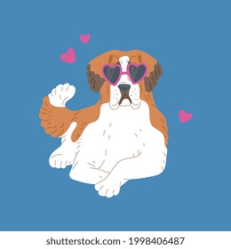 Saint bernard dog with glasses in shape heart. Cute fluffy pet, large breed animal. Vector flat cartoon illustration for valentine day greeting cards.